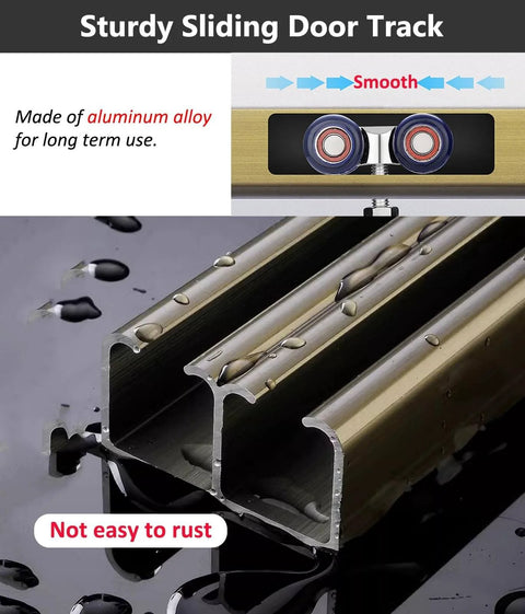 Beefy Heavy Duty Aluminum Sliding Door Track Kit For Two Door Systems with smooth dual wheel mechanism, rust-resistant.