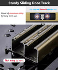 Hella Sturdy Double Sliding Barn Door Hardware Kit With Heavy Gauge Aluminum Track And Smooth Wheels Fast Install For Closets Armoires Or Living Spaces. Close-up of aluminum sliding door track with water droplets.