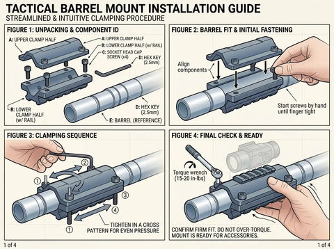 Installation guide for Tactical Shotgun Barrel Mount Clamp System, Five Slot, 2-Piece Design, Fits.75 to 1.1 Inch Barrels.