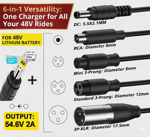UL Certified 54.6V 2.5A Ebike Charger For 48V Lithium Battery With 110-240V Input And Six In One Universal Connectors DC 2.1mm DC 2.5mm RCA 8mm 3-P 8mm 3-P 12mm XLR