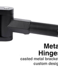 Close-up of Metal Hinges for Badass Double Curved Shower Rod With Hella Elbow Room, Heavy Duty Aluminum and Zinc Mounting Hardware.