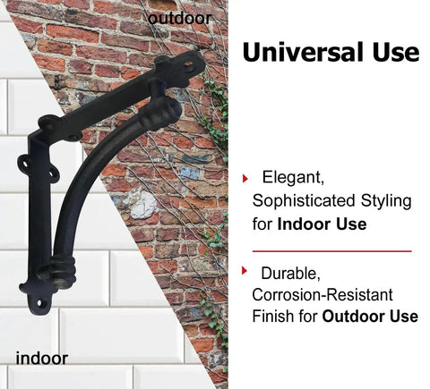 Heavy Duty Black Cast Iron Shelf Brackets Set Of Four, 5.5 X 1.2 X 5.5 Inches shown in indoor and outdoor settings