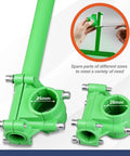 Adjustable String Trimmer Support Wheel Attachment For 26mm And 28mm Poles shows green attachments for rods, measuring sizes.