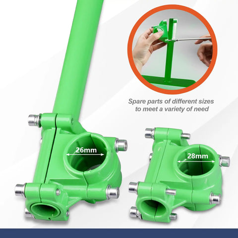 Adjustable String Trimmer Support Wheel Attachment For 26mm And 28mm Poles shows green attachments for rods, measuring sizes.