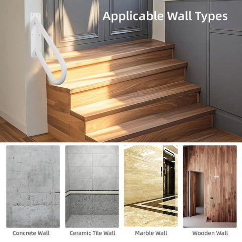 18 Inch Tough As Nails Metal Outdoor Handrail U Shaped White Powder Coated Wall Mount Stair Railing With Non Slip Grip Solid Frame Built Different For Patio Deck Steps installed on wooden steps next to different wall types.