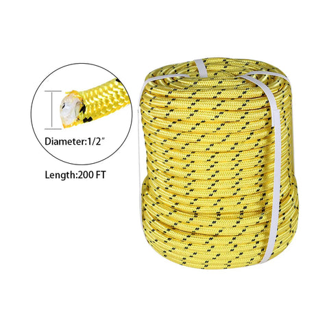 Half Inch 200 Foot Arborist Bull Rope Double Braid Polyester Rigging Hoisting Line High Strength Tree Rope Yellow And Black Designed For Low Stretch Smooth Surface No Burr And Safer Hoisting And Quick Rigging In Tough Worksites