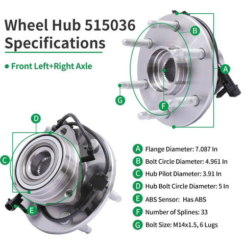 Front Wheel Hub Bearing Assembly 515036 for Chevy Silverado 1500 1999-2006 4x4, Avalanche 1500 2002-2006 4x4 specifications