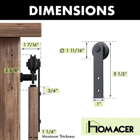 Mini Black Rustic Non Bypass Sliding Barn Door Hardware Kit dimensions for two doors, including 36 inch flat track with straight rollers.