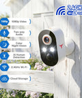 Wireless Outdoor Security Camera 1080P With Battery Power on wooden fence, showing features like 2.4GHz Wi-Fi and AI detection