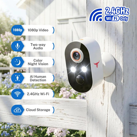 Wireless Outdoor Security Camera 1080P With Battery Power on wooden fence, showing features like 2.4GHz Wi-Fi and AI detection