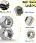 Three Eighths Inch 16 Thread Nylon Insert Lock Nuts Pack Of 35 In 304 Stainless Steel A2-70 Nylock Nuts with clear threads