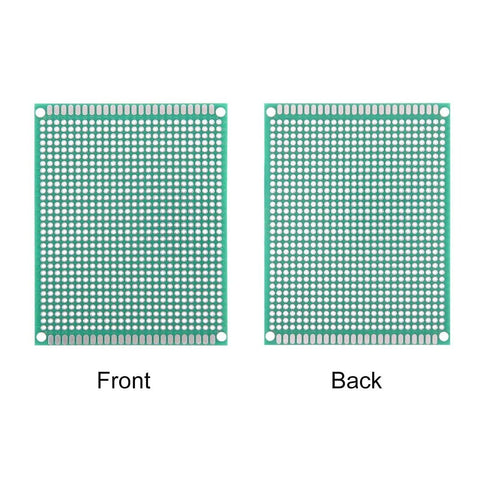 Front and back view of Five Pack 7x9cm Double Sided PCB Boards For DIY Soldering And Electronic Projects Pro Grade Universal Printed Circuit Proto Board With FR4 Glass Fiber And Pre Tin Holes