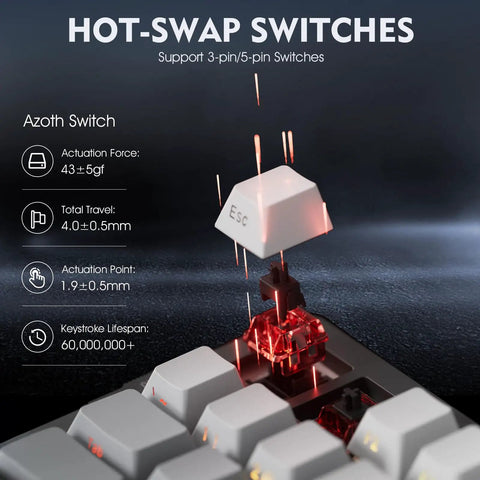 Premium Tri Mode Wireless Gaming Keyboard With Bluetooth And 2.4Ghz Support Plus Steady Usb C Wired Option For Quick Five Device Pairing showing Azoth switch details.