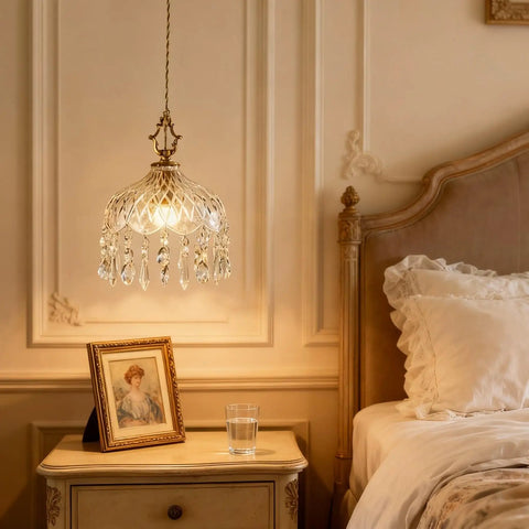 Top Shelf Vintage Crystal Pendant Light With Dope Diamond Cut Glass Shade And Legit Brass Accents Adjustable 0.5 To 70 Inch Cord in cozy bedroom decor.