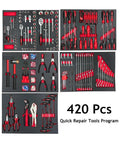 420 Piece Home DIY Hand Tools Set With Organizer Box showcasing sockets, wrenches, pliers, and screwdrivers in red and black EVA case.