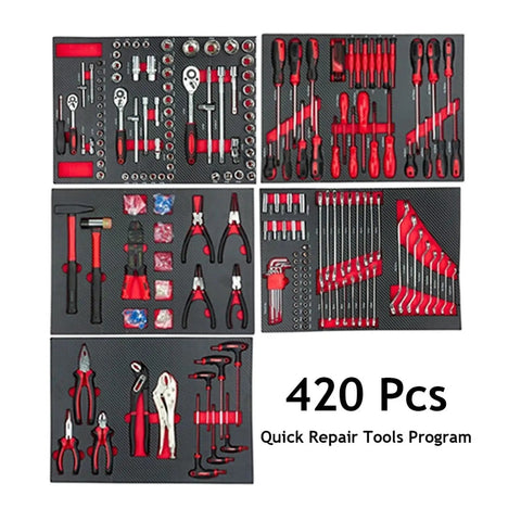 420 Piece Home DIY Hand Tools Set With Organizer Box showcasing sockets, wrenches, pliers, and screwdrivers in red and black EVA case.