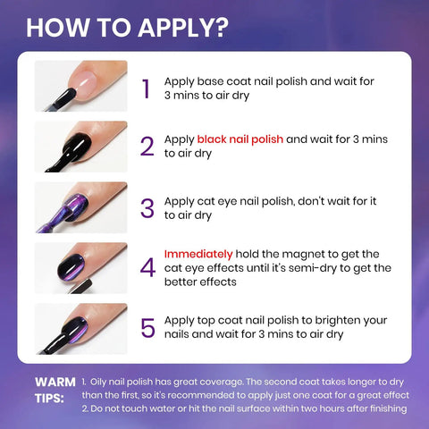 Step-by-step application guide for 9D Magnetic Cat Eye Nail Polish Kit with black base coat and magnet for holographic effect.