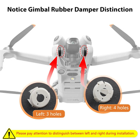 Gimbal Shock Absorption Rubber Replacement For Mini 4 Pro left and right dampers with installation guide showing hole distinctions.