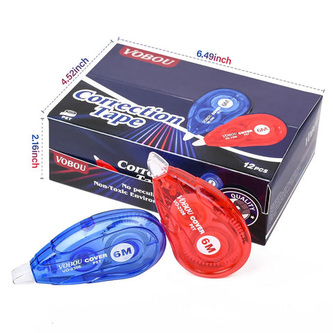 White Correction Tape For Instant Corrections, Easy To Use Applicator For Left Or Right Hand, Fast, Clean, No Paper Damage, Great For School And Office, Red And Blue, 12 Pack, 6 Meters Long By 0.2 Inches Wide