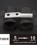 Fiberglass Repair Tape Kit For Quick Curing DIY Fix It Jobs On PVC Pipes Wood Handles Exhausts Dock Posts And More Heavy Duty Winding Tape 181 In Long By 4.02 In Wide 0.02 In Thick Black showing two rolls and metal handle example.