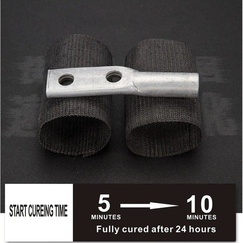 Fiberglass Repair Tape Kit For Quick Curing DIY Fix It Jobs On PVC Pipes Wood Handles Exhausts Dock Posts And More Heavy Duty Winding Tape 181 In Long By 4.02 In Wide 0.02 In Thick Black showing two rolls and metal handle example.