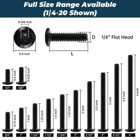Top Shelf Heavy Duty 1/4-20 X 2 Inch Furniture Connector Bolts And Barrel Nuts Kit With Hex Key In Black 304 Stainless Steel showing size range