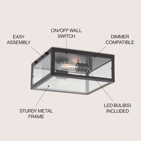 Oil Rubbed Bronze Farmhouse LED Flush Mount Ceiling Light With Clear Glass Shade For Bathroom Kitchen Hallway And Entryway Dimmable ETL Listed Includes One LED Bulb, shown with labels highlighting features such as easy assembly, on/off wall switch, dimmer compatibility, and sturdy metal frame.