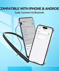 Rechargeable Bluetooth Hearing Aids For Seniors Neckband Earphones Hands Free 2 In 1 Hearing Amplifier For Elderly With Type C Charging And All Day Battery Life Available next to smartphone showing Bluetooth connection.