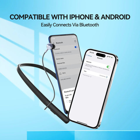 Rechargeable Bluetooth Hearing Aids For Seniors Neckband Earphones Hands Free 2 In 1 Hearing Amplifier For Elderly With Type C Charging And All Day Battery Life Available next to smartphone showing Bluetooth connection.