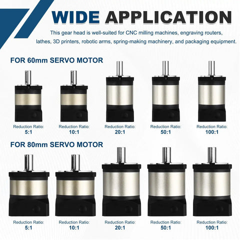 Image of various planetary gearbox speed reducers with different reduction ratios, suitable for CNC and servo motor applications.