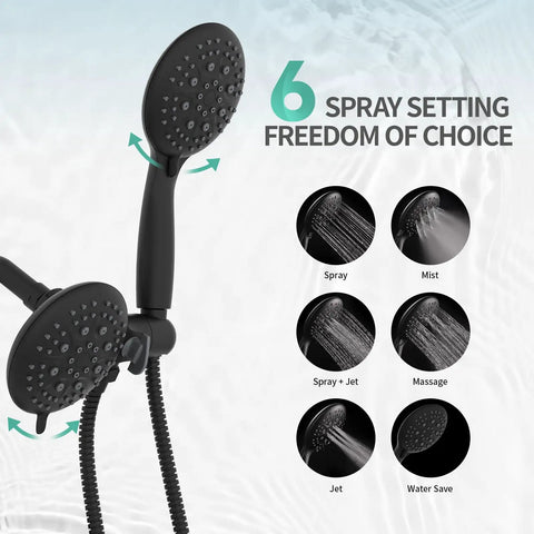 Oversized 2 In 1 Shower Head And Handheld Combo With 6 Spray Settings Including Power Rain Massage Stay Warm Mist In Matte Black