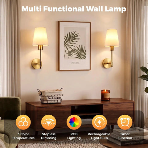 Battery Operated Wall Sconce Set of Two, Wireless Wall Lights with Remote installed on a wall in a cozy living room.