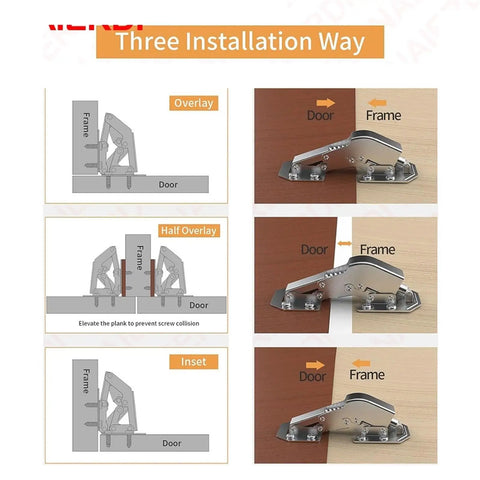 4 Pack 90 Degree Soft Close Cabinet Hinges No Pre drilled Noiseless Hidden Concealed Hardware Set 4 Inch Normal Type Nickel Plated cold rolled steel installed in three ways: overlay, half overlay, inset on kitchen cabinets and home furniture.