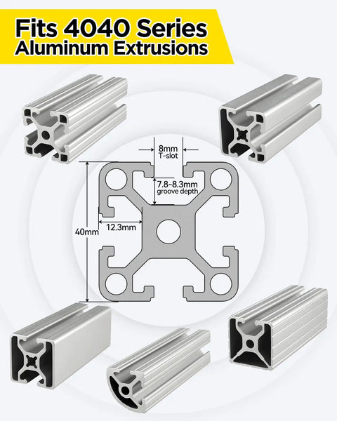 Diagram of 4040 aluminum extrusion with multiple views showing dimensions for Ball Spring T Slot Nut For 4040 Aluminum Extrusion M8 Ball Loaded Elastic T Nut Set 100 Pcs Fits 8mm T Slot Width 7.8 To 8.3mm Depth Roll In Fasteners For DIY Projects For Makers And DIY Pros.