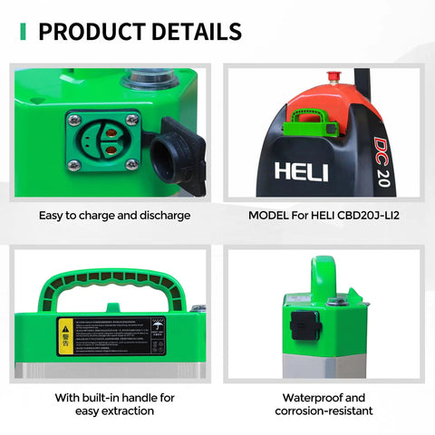 Durable 48V 20Ah Lithium Ion Forklift Battery Upgrade For Electric Pallet Jack, showing easy charge port and model details.