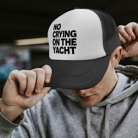 Man wearing Breathable Trucker Hat for Men No Crying On The Yacht Style Plain Cap With No Sweat Band outdoors