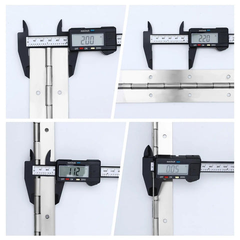 Measurements of Heavy Duty Stainless Steel Piano Hinges, 2 Inch By 20 Inch Continuous Cabinet Hardware with caliper.
