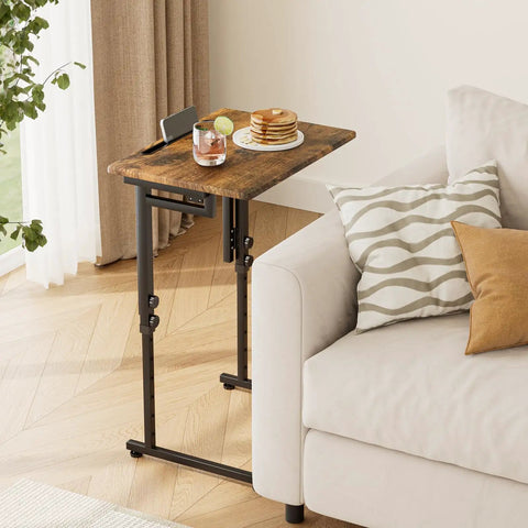 Adjustable Folding TV Tray Table For Eating And Snacking, 6 Height Levels, C Shaped End Table Under Couch, No Assembly, Brown, side view