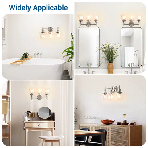 All In One 5 Piece Bathroom Light Set With 3 Light Brushed Nickel Vanity Light Glass Shades Towel Bar Towel Ring Robe Hook and Toilet Paper Holder mounted in various bathroom settings