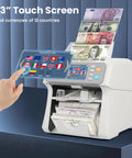 Two Pocket Cash Counter For Mixed Denominations With Value Counting Multi Currency Bill Counter With CIS UV MG IR Counterfeit Detection Quick Nonstop Counting And Rejection Pocket For Busy Businesses showing touchscreen and banknotes