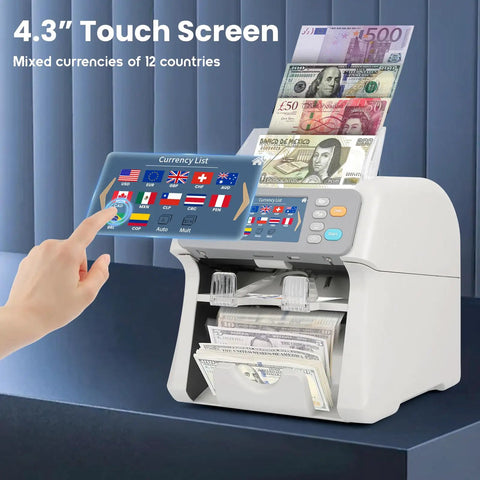 Two Pocket Cash Counter For Mixed Denominations With Value Counting Multi Currency Bill Counter With CIS UV MG IR Counterfeit Detection Quick Nonstop Counting And Rejection Pocket For Busy Businesses showing touchscreen and banknotes