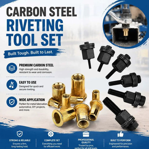 Heavy Duty Pro Grade Carbon Steel Rivet Nut Tool Set 77Pcs M3 To M12 Mandrel Kit With Interchangeable Heads And 60 Rivet Nuts All In One Kit For Fastening Panels Brackets Metal Sheets And More showing carbon steel rivet nuts and mandrel heads