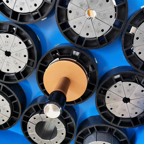 Top Shelf Heavy Duty Electric Hydraulic Hose Crimper With Precision Micrometer Scale And Thirteen Die Sets showcasing various die sizes for fittings.