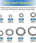 Front view of external-tooth lock washer assortment kit, 304 stainless steel, 570 pcs, sizes M2.5–M12.