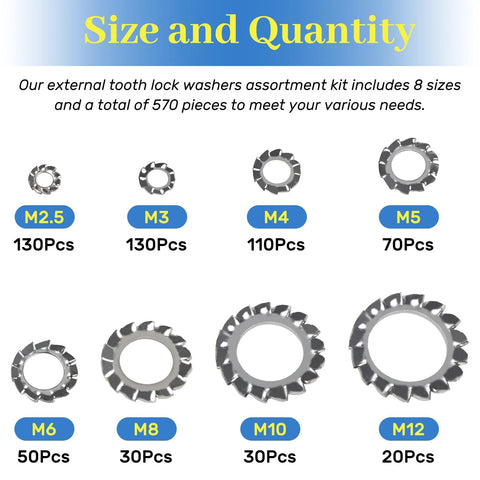 Front view of external-tooth lock washer assortment kit, 304 stainless steel, 570 pcs, sizes M2.5–M12.