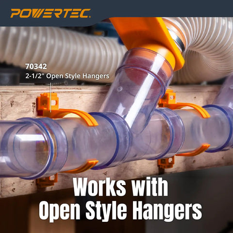 Clear PVC Dust Collection Pipe 2-1/2 In By 36 In 1 Pack Rigid Tubing installed with open style hangers on wooden frame
