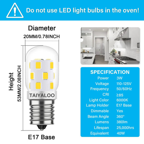 Energy Saving LED Microwave Light Bulb For Under Cabinet And Range Hood, 3W Low Power, 380 Lumens Daylight 6000K, E17 Intermediate Base, Dimmable, Instant On, Replaces 40W Incandescent, Pack Of 2