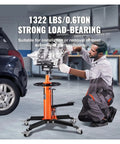 Transmission Jack 1322 Lbs Hydraulic Telescoping 32 To 67 Inch High Lift Floor Stand Hoist with technician in garage