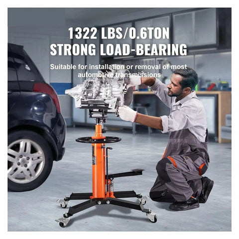 Transmission Jack 1322 Lbs Hydraulic Telescoping 32 To 67 Inch High Lift Floor Stand Hoist with technician in garage
