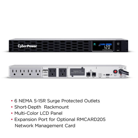 Sinewave UPS Battery Backup And Surge Protector 500VA 300W With 6 Outlets AVR 1U Rackmount UL Certified, front and back view